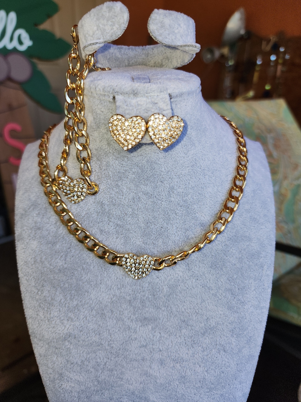 Gold Heart Crystal Necklace, Bracelet and Earrings Set